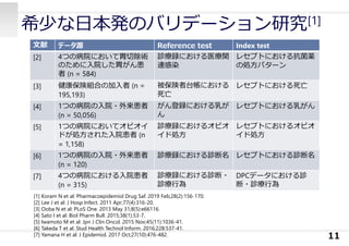 希少な⽇本発のバリデーション研究[1]
11
⽂献 データ源 Reference test Index test
[2] 4つの病院において胃切除術
のために⼊院した胃がん患
者 (n = 584)
診療録における医療関
連感染
レセプトにおける抗菌薬
の処⽅パターン
[3] 健康保険組合の加⼊者 (n =
195,193)
被保険者台帳における
死亡
レセプトにおける死亡
[4] 1つの病院の⼊院・外来患者
(n = 50,056)
がん登録における乳が
ん
レセプトにおける乳がん
[5] 1つの病院においてオピオイ
ドが処⽅された⼊院患者 (n
= 1,158)
診療録におけるオピオ
イド処⽅
レセプトにおけるオピオ
イド処⽅
[6] 1つの病院の⼊院・外来患者
(n = 120)
診療録における診断名 レセプトにおける診断名
[7] 4つの病院における⼊院患者
(n = 315)
診療録における診断・
診療⾏為
DPCデータにおける診
断・診療⾏為
[1] Koram N et al: Pharmacoepidemiol Drug Saf. 2019 Feb;28(2):156-170.
[2] Lee J et al: J Hosp Infect. 2011 Apr;77(4):316-20.
[3] Ooba N et al: PLoS One. 2013 May 31;8(5):e66116.
[4] Sato I et al: Biol Pharm Bull. 2015;38(1):53-7.
[5] Iwamoto M et al: Jpn J Clin Oncol. 2015 Nov;45(11):1036-41.
[6] Takeda T et al: Stud Health Technol Inform. 2016;228:537-41.
[7] Yamana H et al: J Epidemiol. 2017 Oct;27(10):476-482.
 