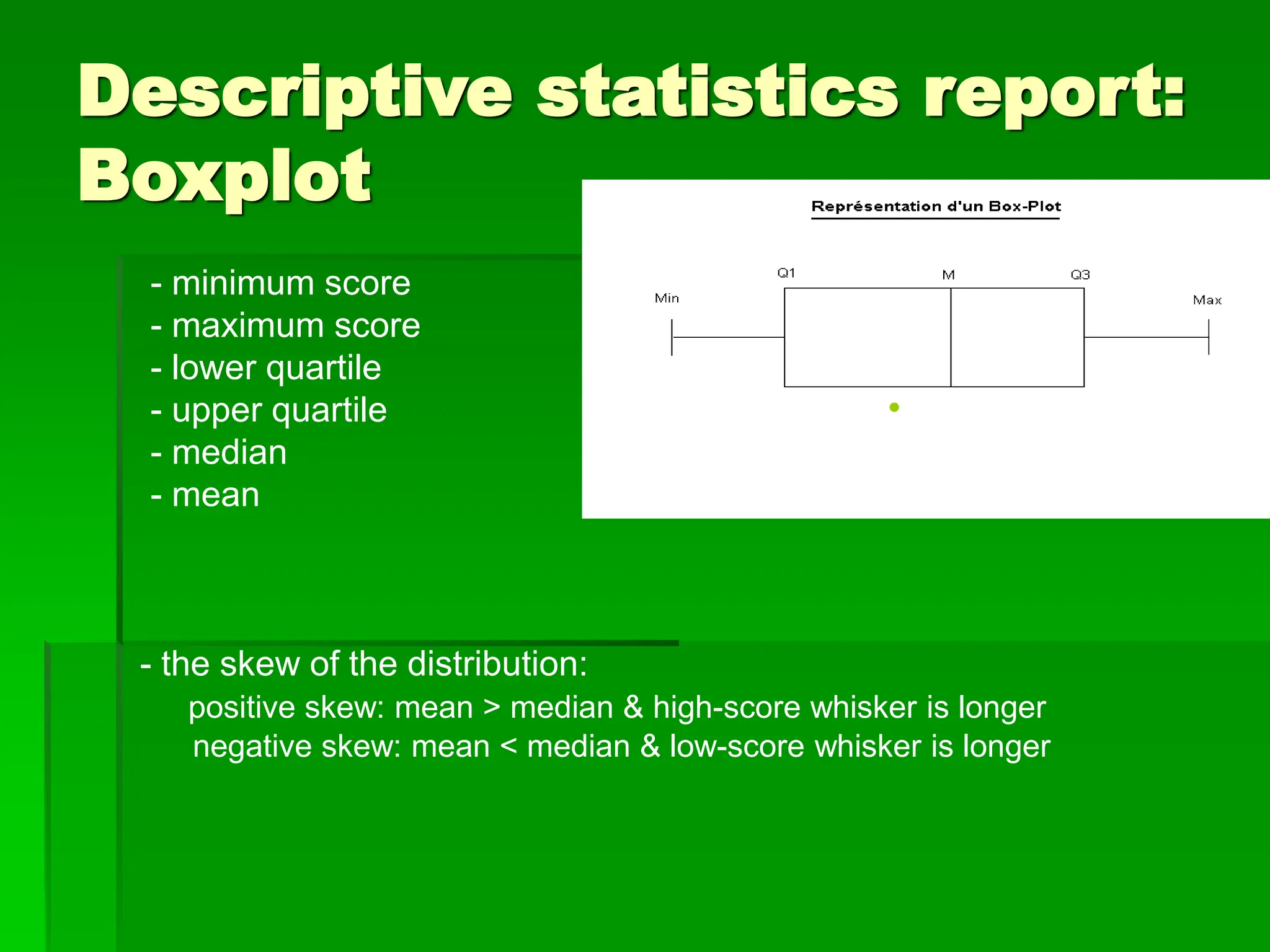 Descriptive statistics report:
Boxplot
- minimum score
- maximum score
- lower quartile
- upper quartile
- median
- mean
- the skew of the distribution:
positive skew: mean > median & high-score whisker is longer
negative skew: mean < median & low-score whisker is longer
 