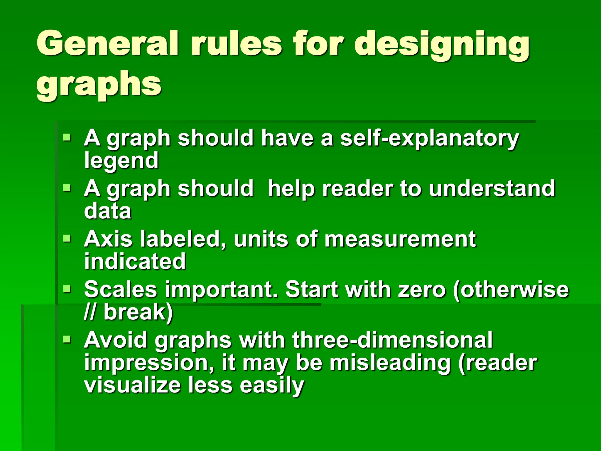 General rules for designing
graphs
 A graph should have a self-explanatory
legend
 A graph should help reader to understand
data
 Axis labeled, units of measurement
indicated
 Scales important. Start with zero (otherwise
// break)
 Avoid graphs with three-dimensional
impression, it may be misleading (reader
visualize less easily
 