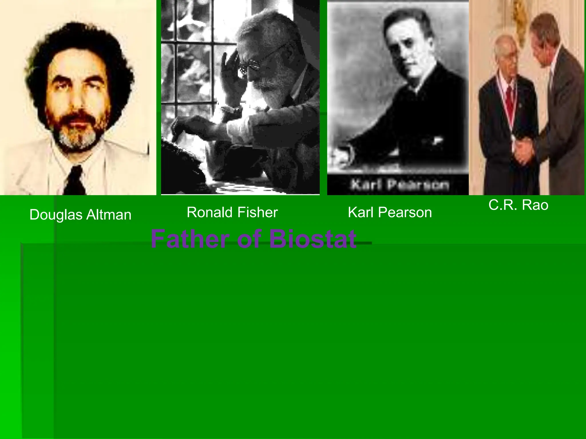 Douglas Altman Ronald Fisher Karl Pearson
C.R. Rao
Father of Biostat
 