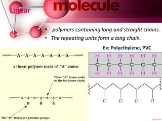 Linear
• polymers containing long and straight chains.
• The repeating units form a long chain.
Ex: Polyethylene, PVC.
 