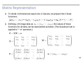 Matrix Representation
● To divide M dimensional space into K classes, we prepare the K linear
functions.
● Defining n-th i...
