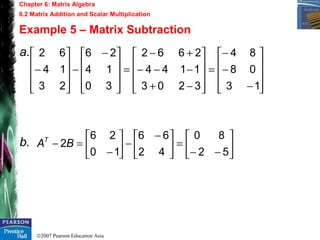 ©2007 Pearson Education Asia
Chapter 6: Matrix Algebra
6.2 Matrix Addition and Scalar Multiplication
Example 5 – Matrix Subtraction
a.
b.










−
−
−
=










−+
−−−
+−
=









 −
−










−
13
08
84
3203
1144
2662
30
14
26
23
14
62






−−
=




 −
−





−
=−
52
80
42
66
10
26
2BAT
 