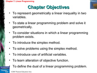 ©2007 Pearson Education Asia
• To represent geometrically a linear inequality in two
variables.
• To state a linear programming problem and solve it
geometrically.
• To consider situations in which a linear programming
problem exists.
• To introduce the simplex method.
• To solve problems using the simplex method.
• To introduce use of artificial variables.
• To learn alteration of objective function.
• To define the dual of a linear programming problem.
Chapter 7: Linear Programming
Chapter ObjectivesChapter Objectives
 