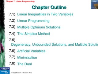 ©2007 Pearson Education Asia
Linear Inequalities in Two Variables
Linear Programming
Multiple Optimum Solutions
The Simplex Method
Degeneracy, Unbounded Solutions, and Multiple Solutio
Artificial Variables
Minimization
The Dual
7.1)
7.2)
7.3)
7.4)
Chapter 7: Linear Programming
Chapter OutlineChapter Outline
7.5)
7.6)
7.7)
7.8)
 