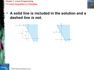 ©2007 Pearson Education Asia
Chapter 7: Linear Programming
7.1 Linear Inequalities in 2 Variables
• A solid line is included in the solution and a
dashed line is not.
 