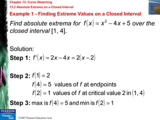 ©2007 Pearson Education Asia
Chapter 13: Curve Sketching
13.2 Absolute Extrema on a Closed Interval
Example 1 - Finding Extreme Values on a Closed Interval
Find absolute extrema for over the
closed interval [1, 4].
Solution:
Step 1:
Step 2:
Step 3:
( ) 542
+−= xxxf
( ) ( )2242' −=−= xxxxf
( )
( ) endpointsatofvalues54
21
ff
f
=
=
( ) ( )41,in2valuecriticalatofvalues12 ff =
( ) ( ) 12isminand54ismax == ff
 