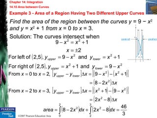 ©2007 Pearson Education Asia
Chapter 14: Integration
14.10 Area between Curves
Example 3 - Area of a Region Having Two Different Upper Curves
Find the area of the region between the curves y = 9 − x2
and y = x2
+ 1 from x = 0 to x = 3.
Solution: The curves intersect when
2
19 22
±=
+=−
x
xx
( )
( ) 22
22
9and1,2,5ofrightFor
1and9,2,5ofleftFor
xyxy
xyxy
lowerupper
lowerupper
−=+=
+=−=
[ ] ( ) ( )[ ]
( )
[ ] ( ) ( )[ ]
( ) xx
xxxyyxx
xx
xxxyyxx
lowerupper
lowerupper
∆−=
−−+=∆−==
∆−=
+−−=∆−==
82
91,3to2From
28
19,2to0From
2
22
2
22
( ) ( ) 3
46
8228
3
2
2
2
0
2
=−+−= ∫∫ dxxdxxarea
 