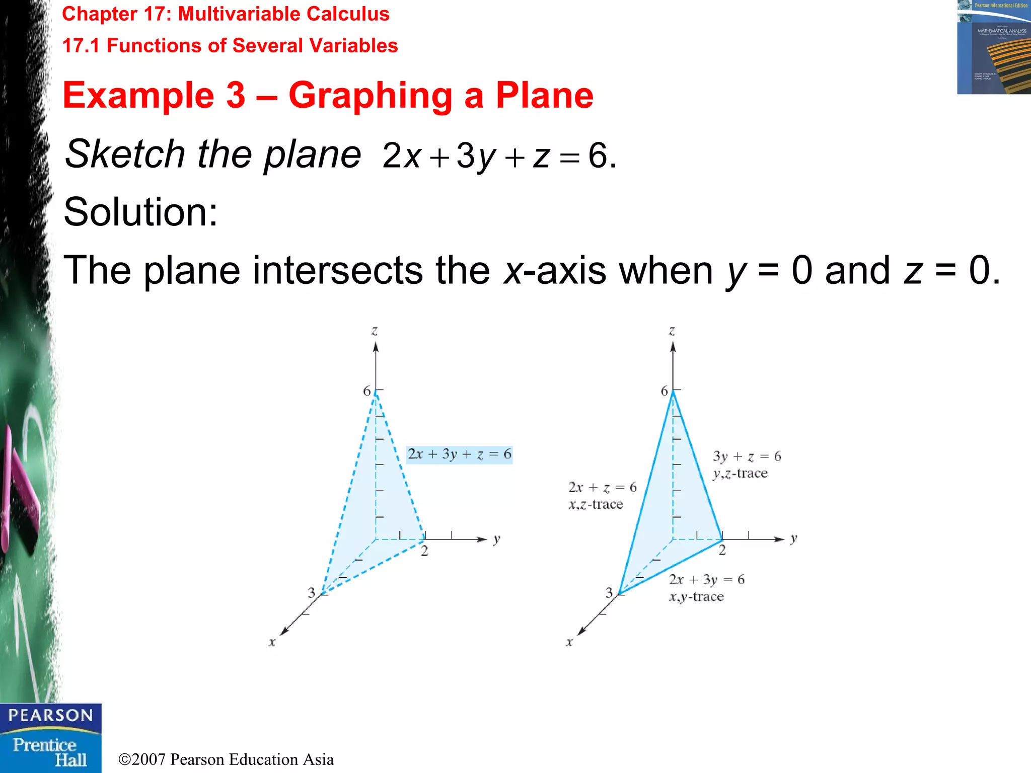 ©2007 Pearson Education Asia
Chapter 17: Multivariable Calculus
17.1 Functions of Several Variables
Example 3 – Graphing a Plane
Sketch the plane
Solution:
The plane intersects the x-axis when y = 0 and z = 0.
.632 =++ zyx
 