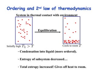 Ordering and 2 nd  law of thermodynamics  Condensation into liquid (more ordered). Entropy of subsystem decreased… Total entropy increased! Gives off heat to room. System in thermal contact with environment Initially high Cools to room Equilibration 