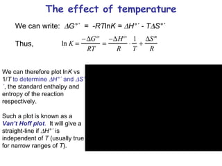 The effect of temperature We can write:   G°´  =  -RT ln K   =   H°´ - T  S°´ Thus,  We can therefore plot ln K  vs 1/ T  to determine   H°´  and   S°´ , the standard enthalpy and entropy of the reaction respectively. Such a plot is known as a  Van’t Hoff plot .   It will give a straight-line if   H°´  is independent of  T  (usually true for narrow ranges of  T ). 