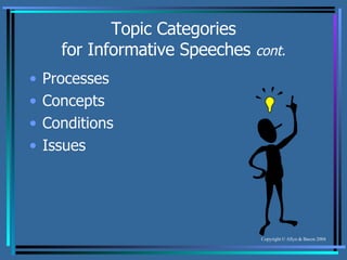 Topic Categories for Informative Speeches  cont. Processes Concepts Conditions Issues 