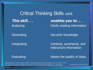 Critical Thinking Skills  cont. Adapted from Robert J. Marzano, Ronald S. Brandt, Carolyn Sue Hughes, Beau Fly Jones, Barbara Z. Presseisen, Stuart C. Rankin, and Charles Suhor,  Dimensions of Thinking:  A Framework for Curriculum and Instruction  (Alexandria, VA:  Association for Supervision and Curriculum Development, 1988) 66, 70-112.  Copyright 1988 by ACSD.  Reprinted with permission of the publishers. enables you to. . . This skill. . . Assess the quality of ideas Evaluating Combine, summarize, and restructure information Integrating Use prior knowledge Generating Clarify existing information Analyzing 