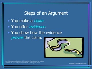 Steps of an Argument You make a  claim . You offer  evidence . You show how the evidence  proves  the claim. For a more elaborate discussion of the structure of an argument, see Stephen Toulmin,  The Uses of Argument  (New York:  Cambridge UP, 1974). 