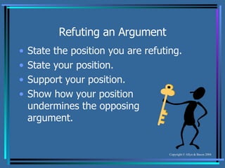 Refuting an Argument State the position you are refuting. State your position. Support your position. Show how your position undermines the opposing argument. 