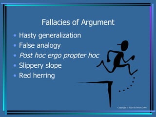Fallacies of Argument Hasty generalization False analogy Post hoc ergo propter hoc Slippery slope Red herring 