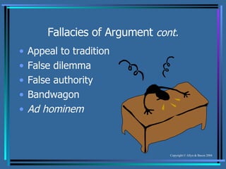 Fallacies of Argument  cont. Appeal to tradition False dilemma False authority Bandwagon Ad hominem 