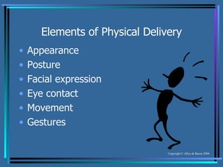 Elements of Physical Delivery Appearance Posture Facial expression Eye contact Movement Gestures 