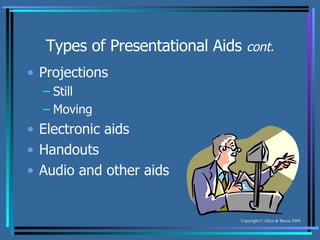 Types of Presentational Aids  cont. Projections Still Moving Electronic aids Handouts Audio and other aids 