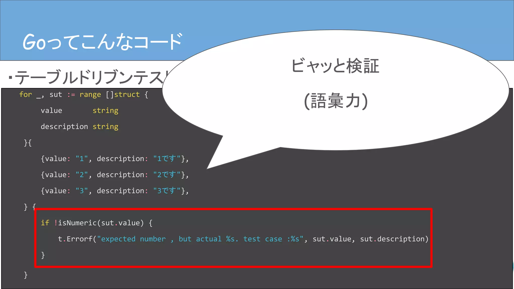 ・テーブルドリブンテスト
GoってこんなコードGoってこんなコード
for _, sut := range []struct {
value string
description string
}{
{value: "1", description: "1です"},
{value: "2", description: "2です"},
{value: "3", description: "3です"},
} {
if !isNumeric(sut.value) {
t.Errorf("expected number , but actual %s. test case :%s", sut.value, sut.description)
}
}
ビャッと検証
(語彙力)
 