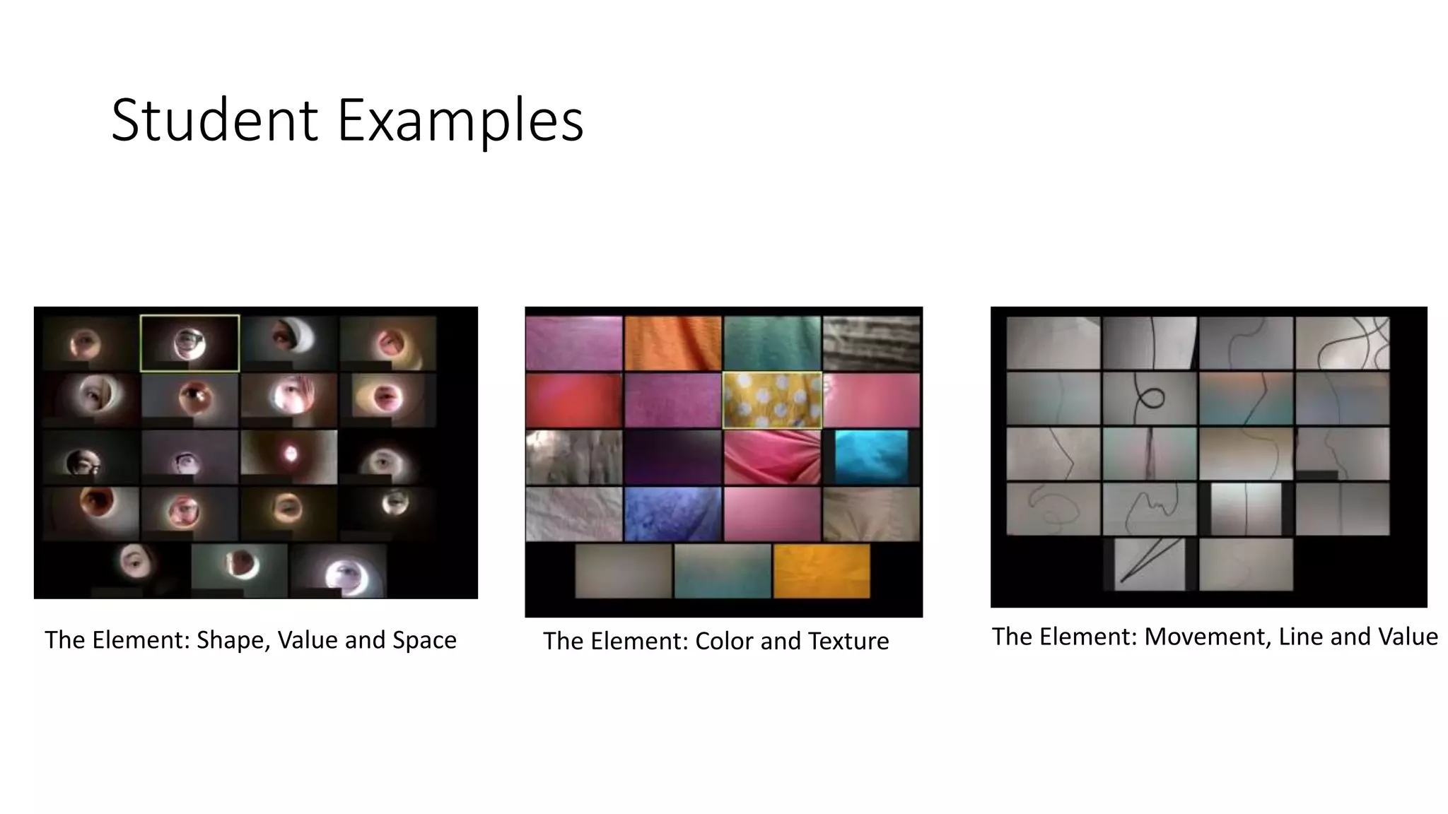 Student Examples
The Element: Shape, Value and Space The Element: Color and Texture The Element: Movement, Line and Value
 