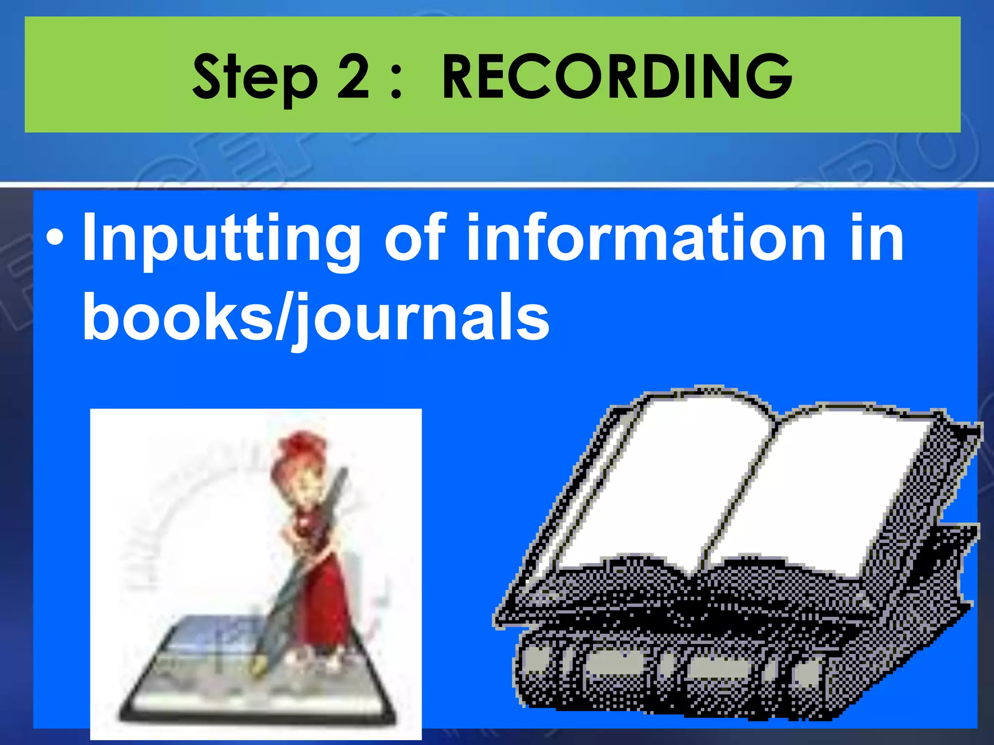Step 2 : RECORDING
• Inputting of information in
books/journals
 