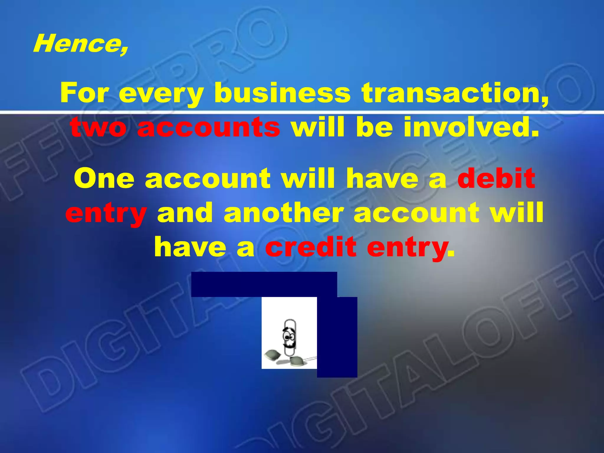 Hence,
For every business transaction,
two accounts will be involved.
One account will have a debit
entry and another account will
have a credit entry.
 