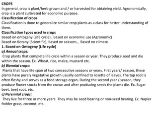 CROPS
In general, crop is plant/herb grown and / or harvested for obtaining yield. Agronomically,
crop is a plant cultivated for economic purpose.
Classification of crops
Classification is done to generalize similar crop plants as a class for better understanding of
them.
Classification types used in crops
Based on ontogeny (Life cycle) , Based on economic use (Agronomic)
Based on Botany (Scientific), Based on seasons , Based on climate
1. Based on Ontogeny (Life cycle)
a) Annual crops:
Crop plants that complete life cycle within a season or year. They produce seed and die
within the season. Ex. Wheat, rice, maize, mustard etc.
b) Biennial crops:
Plants that have life span of two consecutive seasons or years. First years/ season, these
plants have purely vegetative growth usually confined to rosette of leaves. The tap root is
often fleshy and serves as a food storage organ. During the second year / season, they
produce flower stocks from the crown and after producing seeds the plants die. Ex. Sugar
beet, beet root, etc.
c) Perennial crops:
They live for three or more years. They may be seed bearing or non-seed bearing. Ex. Napier
fodder grass, coconut, etc.
 