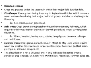• Based on seasons
• Crops are grouped under the seasons in which their major field duration falls.
• Kharif crops: Crops grown during June-July to September–October which require a
warm wet weather during their major period of growth and shorter day length for
flowering.
• Ex. Rice, maize, castor, groundnut.
• Rabi crops: Crops grown during October–November to January-February, which
require cold dry weather for their major growth period and longer day length for
flowering.
• Ex. Wheat, mustard, barley, oats, potato, bengal gram, berseem, cabbage
and cauliflower.
• Summer crops: Crops grown during February–March to May–June which require
warm dry weather for growth and longer day length for flowering. Ex.Black gram,
greengram, seasome, cowpea etc.
• This classification is not a universal one. It only indicates the period when a
particular crop is raised. Ex. Kharif rice, kharif maize, rabi maize, summer pulse etc.
 