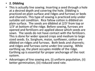 • 2. Dibbling
• This is actually line sowing. Inserting a seed through a hole
at a desired depth and covering the hole. Dibbling is
practiced on plain surface and ridges and furrows or beds
and channels. This type of sowing is practiced only under
suitable soil condition. Rice fallow cotton is dibbled on
plain surface. The seeds are dibbled at 2/3rd
from top or
1/3rd
at bottom of the ridge. Before sowing, furrows are
opened and fertilizers are applied above which seeds are
sown. The seeds do not have contact with the fertilizers.
This is done for wider spaced crops and medium to large
sized seeds. Ex. Sorghum, maize, sunflower, cotton are
dibbled on ridges and furrows. Both beds and channels;
and ridges and furrows come under line sowing. While
earthing up, the plant occupies middle of the ridge.
Earthing up is essential for proper anchorage of the root
system.
• Advantages of line sowing are, (i) uniform population, (ii)
better germination, (iii) reduced seed rate.
 