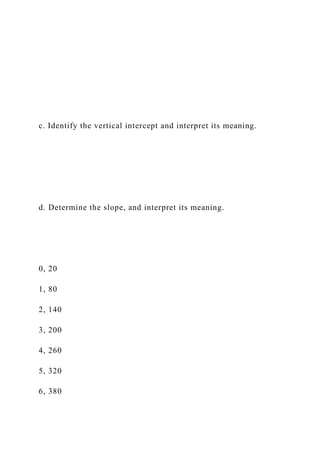c. Identify the vertical intercept and interpret its meaning.
d. Determine the slope, and interpret its meaning.
0, 20
1, 80
2, 140
3, 200
4, 260
5, 320
6, 380
 