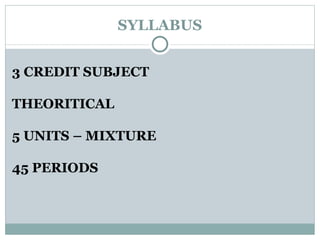 SYLLABUS 3 CREDIT SUBJECT THEORITICAL 5 UNITS – MIXTURE 45 PERIODS 