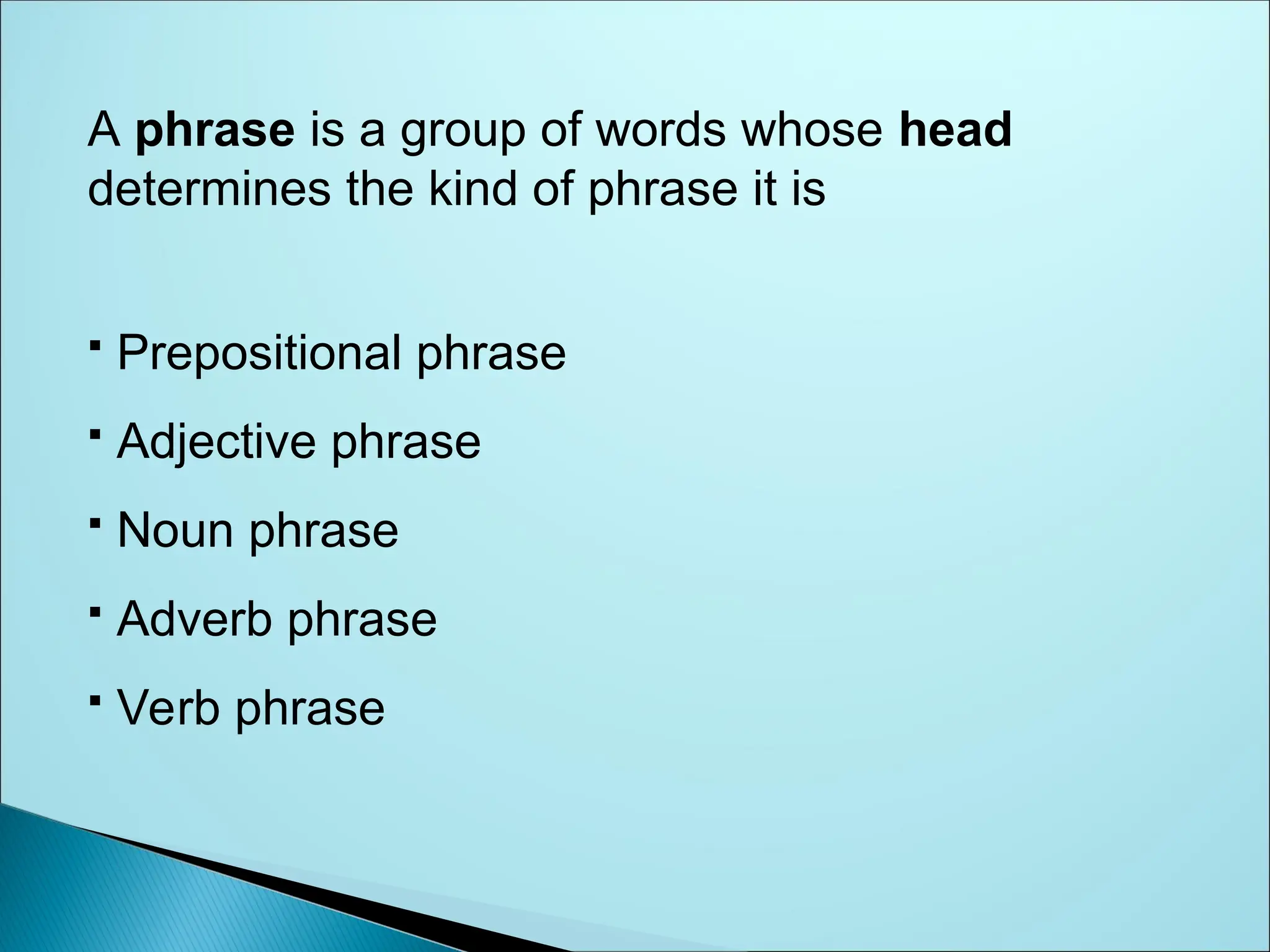A phrase is a group of words whose head
determines the kind of phrase it is
 Prepositional phrase
 Adjective phrase
 Noun phrase
 Adverb phrase
 Verb phrase
 