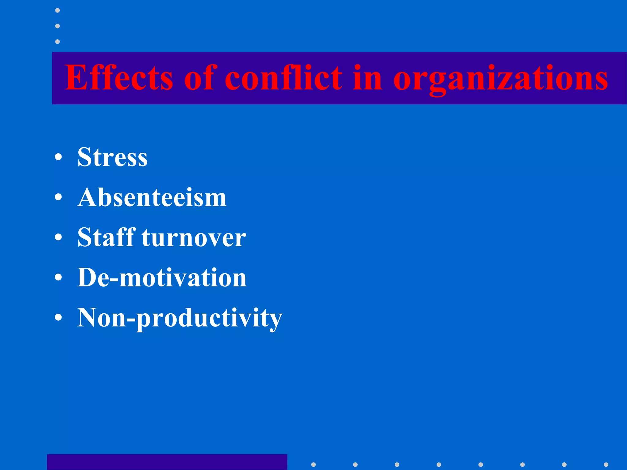 Effects of conflict in organizations
• Stress
• Absenteeism
• Staff turnover
• De-motivation
• Non-productivity
 