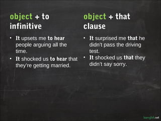 object + to                    object + that
infinitive                     clause
• It upsets me to hear         • It sur...