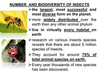 NUMBER AND BIODIVERSITY OF INSECTS
the largest, most successful and
most diverse form on the planet.
more widely distrib...