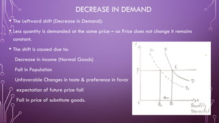 DECREASE IN DEMAND
• The Leftward shift (Decrease in Demand):
• Less quantity is demanded at the same price – as Price does not change it remains
constant.
• The shift is caused due to:
Decrease in income (Normal Goods)
Fall in Population
Unfavorable Changes in taste & preference in favor
expectation of future price fall
Fall in price of substitute goods.
 