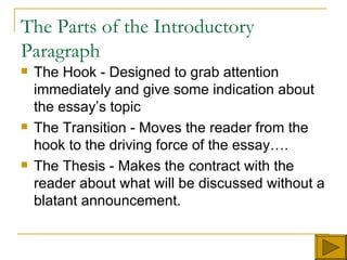 The Parts of the Introductory Paragraph The Hook - Designed to grab attention immediately and give some indication about the essay’s topic The Transition - Moves the reader from the hook to the driving force of the essay…. The Thesis - Makes the contract with the reader about what will be discussed without a blatant announcement. 