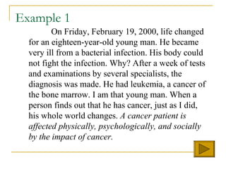 Example 1 On Friday, February 19, 2000, life changed for an eighteen-year-old young man. He became very ill from a bacterial infection. His body could not fight the infection. Why? After a week of tests and examinations by several specialists, the diagnosis was made. He had leukemia, a cancer of the bone marrow. I am that young man. When a person finds out that he has cancer, just as I did, his whole world changes.  A cancer patient is affected physically, psychologically, and socially by the impact of cancer.  