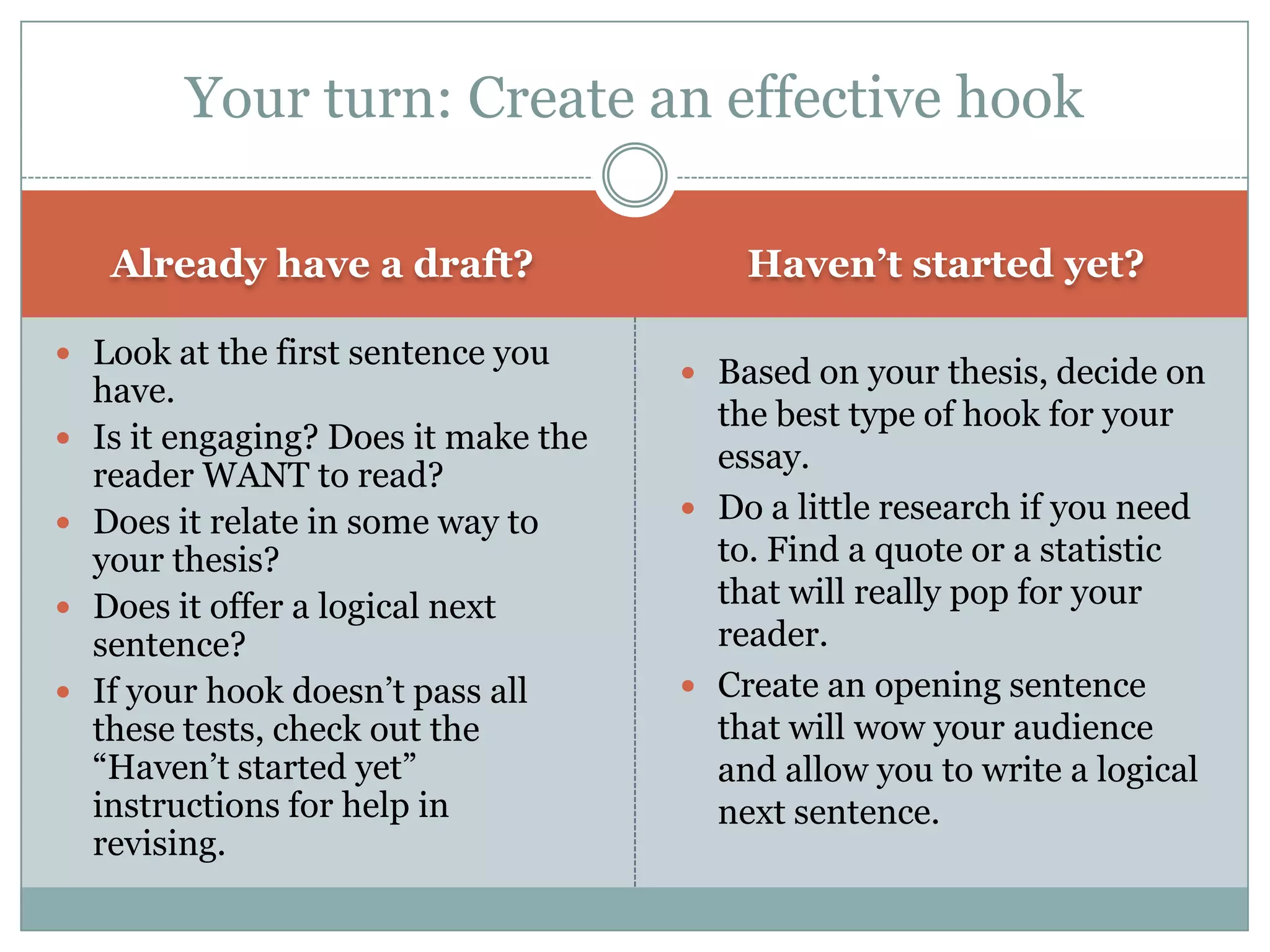 Your turn: Create an effective hook

     Already have a draft?                 Haven’t started yet?

 Look at the first sentence you
                                        Based on your thesis, decide on
    have.
                                         the best type of hook for your
   Is it engaging? Does it make the
                                         essay.
    reader WANT to read?
   Does it relate in some way to       Do a little research if you need
    your thesis?                         to. Find a quote or a statistic
   Does it offer a logical next         that will really pop for your
    sentence?                            reader.
   If your hook doesn’t pass all       Create an opening sentence
    these tests, check out the           that will wow your audience
    “Haven’t started yet”                and allow you to write a logical
    instructions for help in             next sentence.
    revising.
 