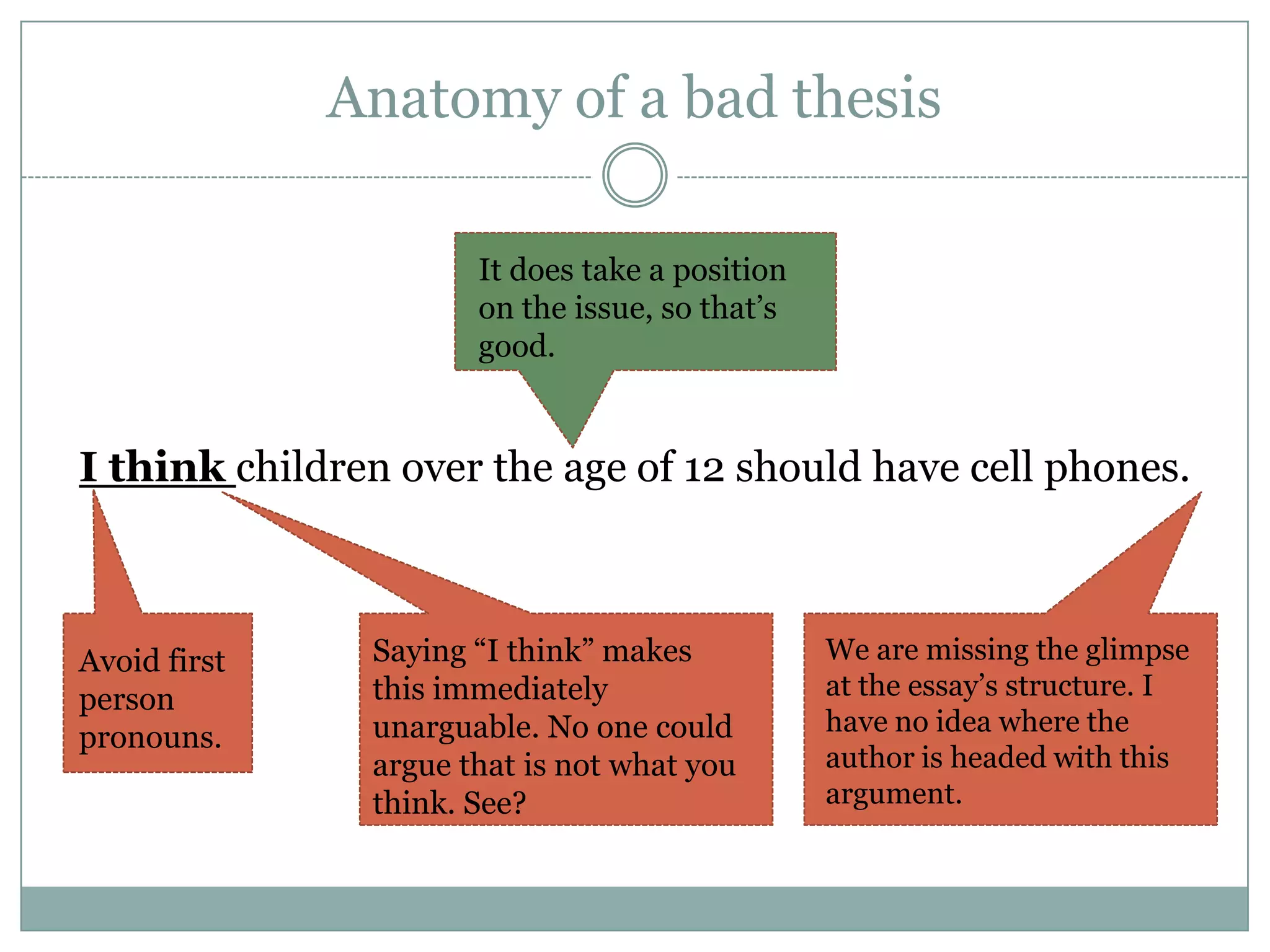 Anatomy of a bad thesis

                      It does take a position
                      on the issue, so that’s
                      good.


I think children over the age of 12 should have cell phones.



Avoid first    Saying “I think” makes           We are missing the glimpse
person         this immediately                 at the essay’s structure. I
               unarguable. No one could         have no idea where the
pronouns.
               argue that is not what you       author is headed with this
               think. See?                      argument.
 