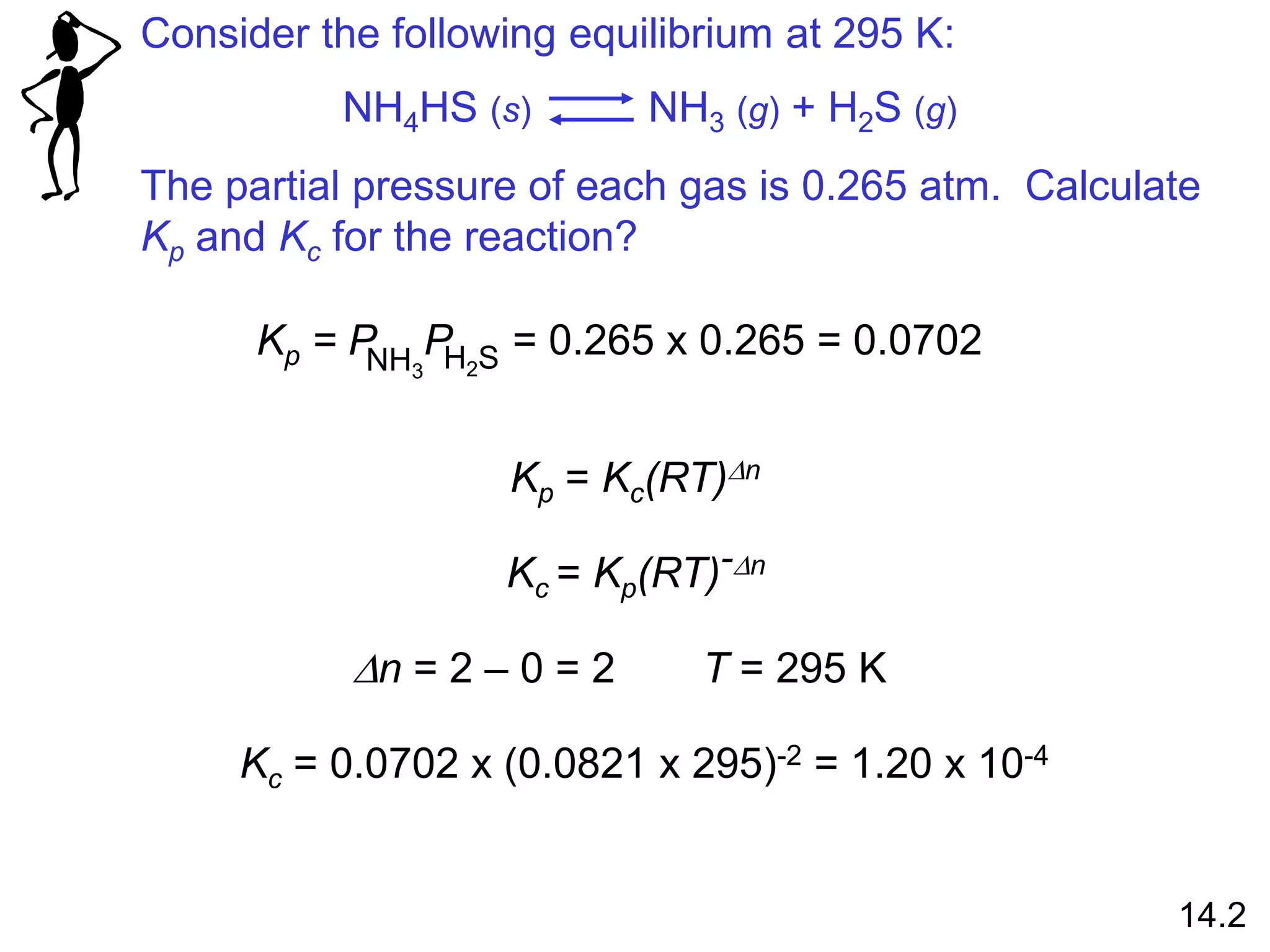 Consider the following equilibrium at 295 K:
The partial pressure of each gas is 0.265 atm. Calculate
Kp and Kc for the reaction?
NH4HS (s) NH3 (g) + H2S (g)
Kp = P
NH3 H2S
P = 0.265 x 0.265 = 0.0702
Kp = Kc(RT)Dn
Kc = Kp(RT)-Dn
Dn = 2 – 0 = 2 T = 295 K
Kc = 0.0702 x (0.0821 x 295)-2 = 1.20 x 10-4
14.2
 
