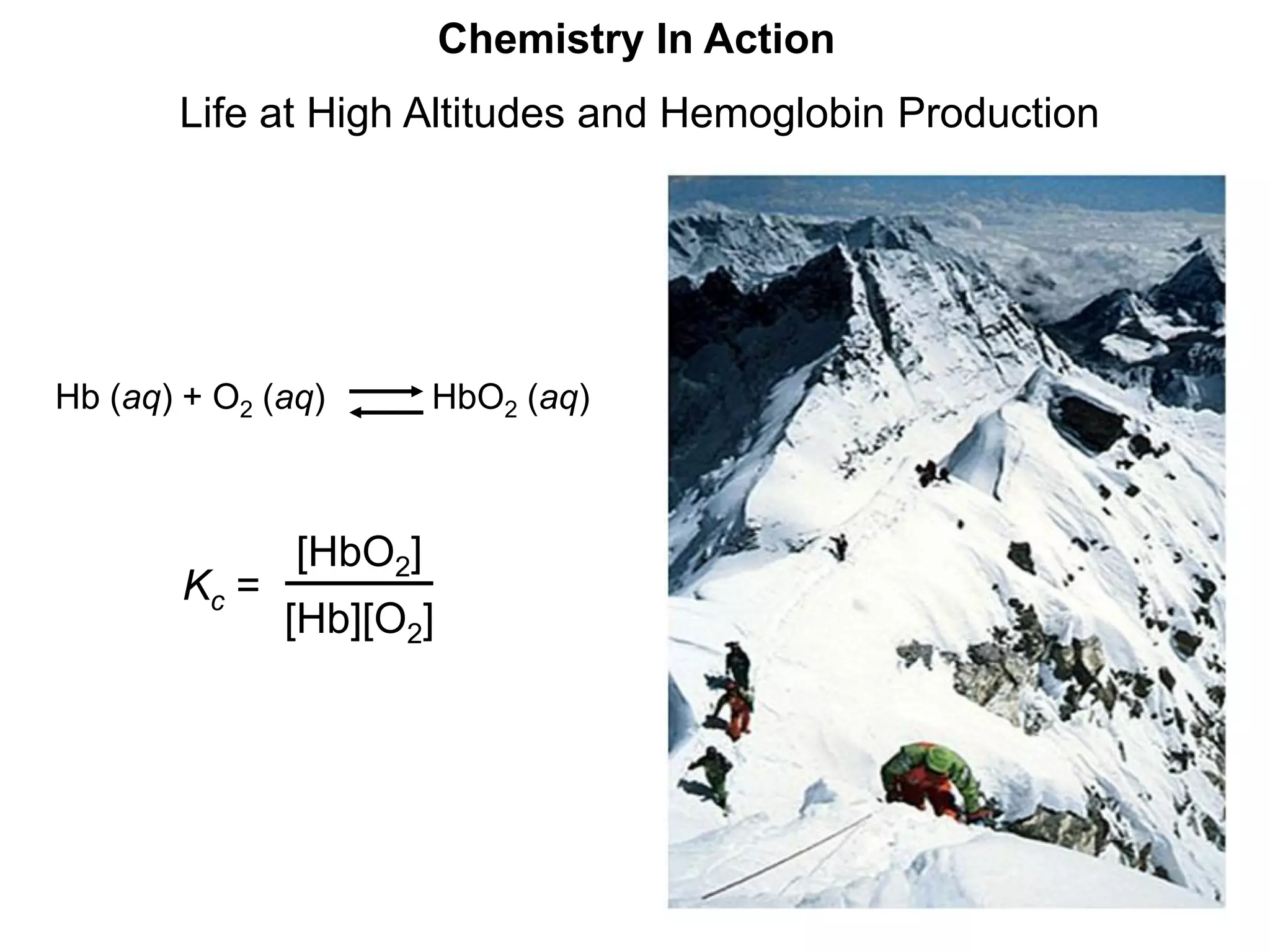 Chemistry In Action
Life at High Altitudes and Hemoglobin Production
Kc =
[HbO2]
[Hb][O2]
Hb (aq) + O2 (aq) HbO2 (aq)
 