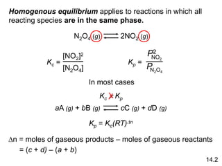 Homogenous equilibrium applies to reactions in which all
reacting species are in the same phase.
N2O4 (g) 2NO2 (g)
Kc =
[NO2]2
[N2O4]
Kp =
NO2
P2
N2O4
P
aA (g) + bB (g) cC (g) + dD (g)
14.2
Kp = Kc(RT)Dn
Dn = moles of gaseous products – moles of gaseous reactants
= (c + d) – (a + b)
In most cases
Kc  Kp
 