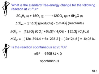 2C6H6 (l) + 15O2 (g) 12CO2 (g) + 6H2O (l)
DG0
rxn nDG0 (products)
f
= S mDG0 (reactants)
f
S
-
What is the standard free-energy change for the following
reaction at 25 0C?
DG0
rxn 6DG0 (H2O)
f
12DG0 (CO2)
f
= [ + ] - 2DG0 (C6H6)
f
[ ]
DG0
rxn = [ 12x–394.4 + 6x–237.2 ] – [ 2x124.5 ] = -6405 kJ
Is the reaction spontaneous at 25 0C?
DG0 = -6405 kJ < 0
spontaneous
18.5
 