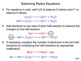 Balancing Redox Equations
4. For reactions in acid, add H2O to balance O atoms and H+ to
balance H atoms.
Cr2O7
2- 2Cr3+ + 7H2O
14H+ + Cr2O7
2- 2Cr3+ + 7H2O
5. Add electrons to one side of each half-reaction to balance the
charges on the half-reaction.
Fe2+ Fe3+ + 1e-
6e- + 14H+ + Cr2O7
2- 2Cr3+ + 7H2O
6. If necessary, equalize the number of electrons in the two half-
reactions by multiplying the half-reactions by appropriate
coefficients.
6Fe2+ 6Fe3+ + 6e-
6e- + 14H+ + Cr2O7
2- 2Cr3+ + 7H2O
19.1
 