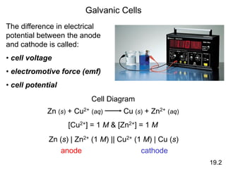 Galvanic Cells
19.2
The difference in electrical
potential between the anode
and cathode is called:
• cell voltage
• electromotive force (emf)
• cell potential
Cell Diagram
Zn (s) + Cu2+ (aq) Cu (s) + Zn2+ (aq)
[Cu2+] = 1 M & [Zn2+] = 1 M
Zn (s) | Zn2+ (1 M) || Cu2+ (1 M) | Cu (s)
anode cathode
 