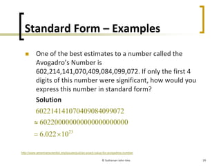Standard Form – Examples
One of the best estimates to a number called the 
Avogadro’s Number is 
602,214,141,070,409,084,0...