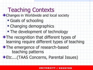 Teaching Contexts Changes in Worldwide and local society Goals of schooling Changing demographics The development of technology The recognition that different types of learning require different types of teaching The emergence of research-based  teaching patterns  Etc....(TAAS Concerns, Parental Issues) 