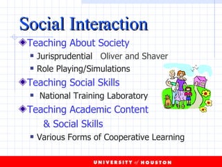Social Interaction Teaching About Society Jurisprudential  Oliver and Shaver Role Playing/Simulations Teaching Social Skills National Training Laboratory Teaching Academic Content  & Social Skills Various Forms of Cooperative Learning 